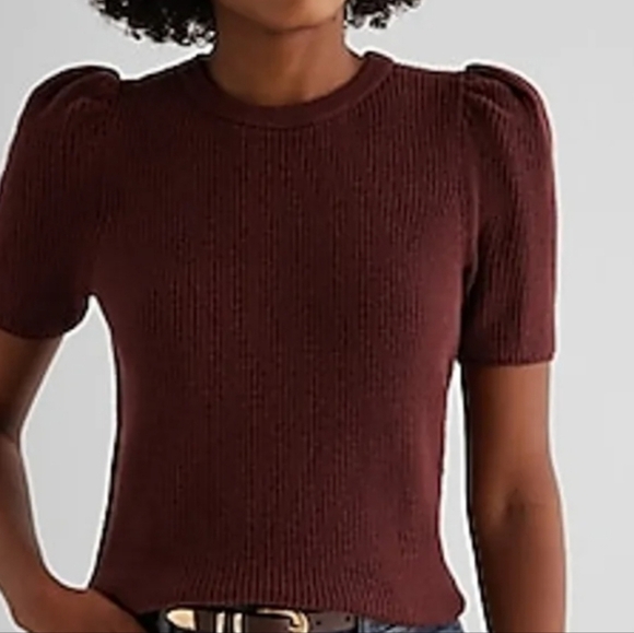 Express NWT Soft Ribbed Puff Sleeve Girly Warm Brown Sweater Top Large - Picture 7 of 7